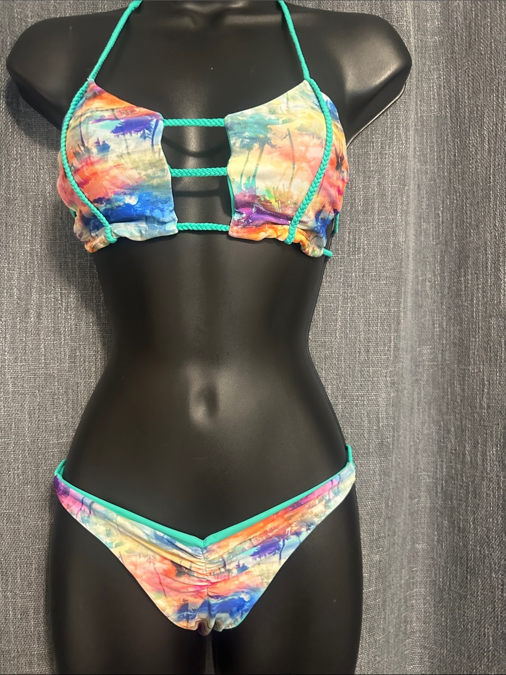 Women’s Multicolor Tie-Dye String Bikini with Teal Trim